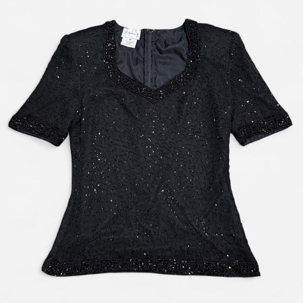 VTG 80s/90s Stenay Black 100% Silk Beaded V Neck Goth Glam Top w Shoulder Pads - Picture 6 of 8